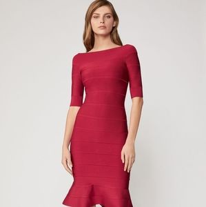 NWT Herve Leger Off the Shoulder Flare Bandage Dress Size S Rasperry Color